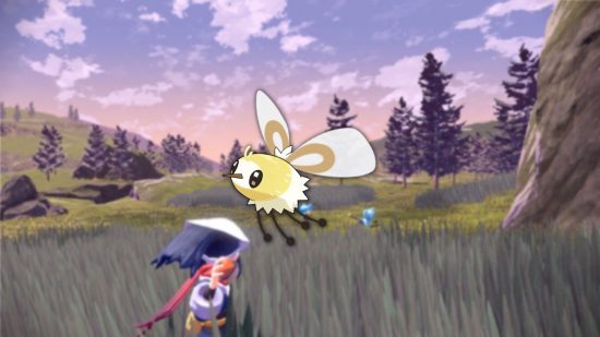 small Pokémon Cutiefly in a field being caught by a trainer