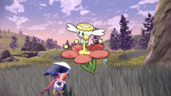 small Pokémon Flabebe in a field being caught by a trainer