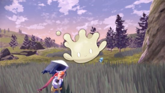 small Pokémon Milcery in a field being caught by a trainer
