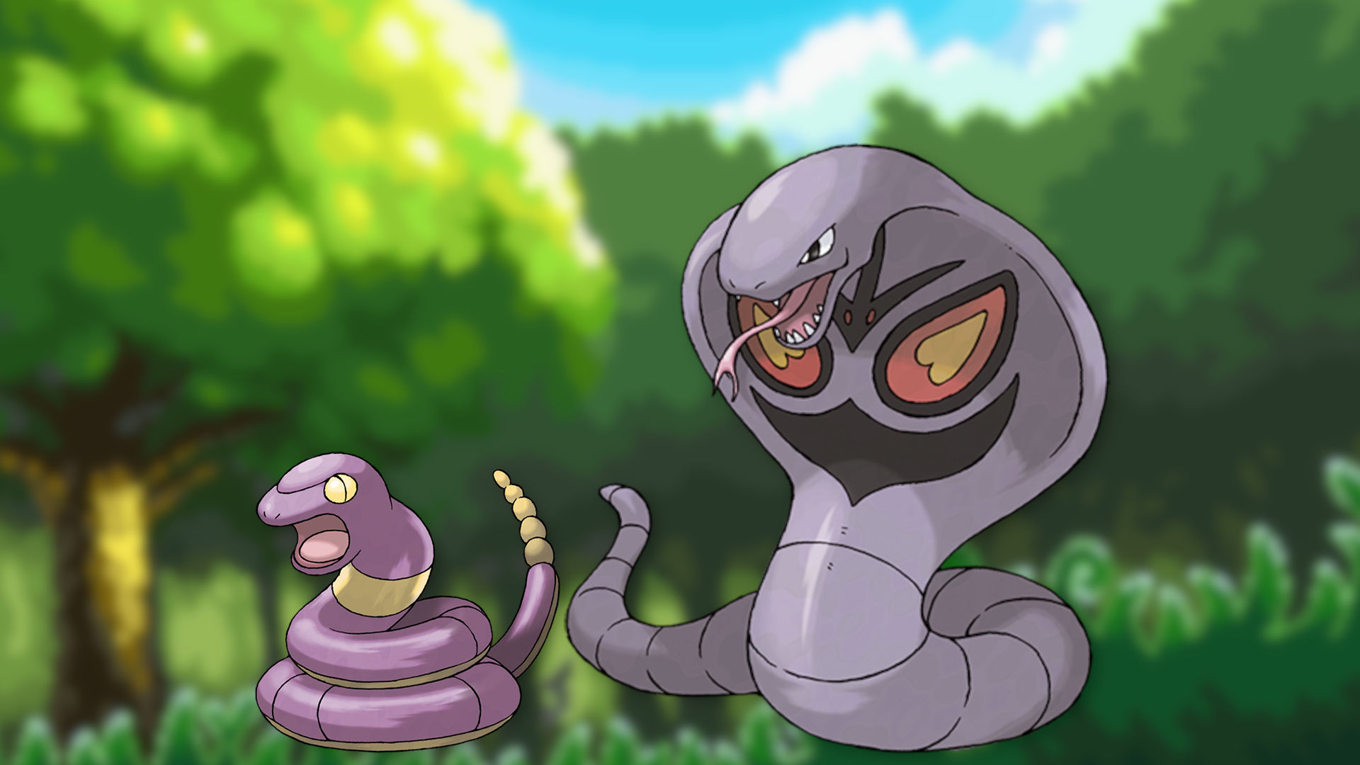 Ekans and Arbok evolution line in a forest for snake Pokémon guide