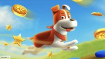 Screenshot of the a jumping dog from an in-game promotion for Solitaire Grand Harvest free coins guide