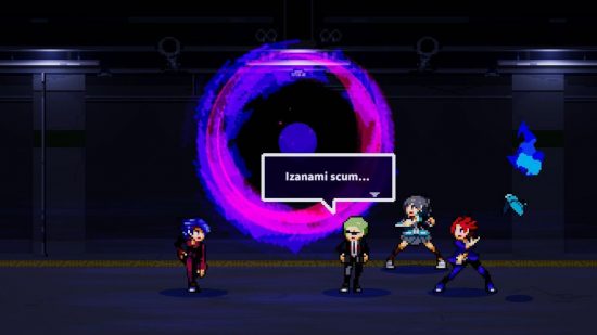 Soulvars review: A screenshot from Soulvares showing Yakumo and his gang facing a blue-haired enemy sprite in front of a purple portal