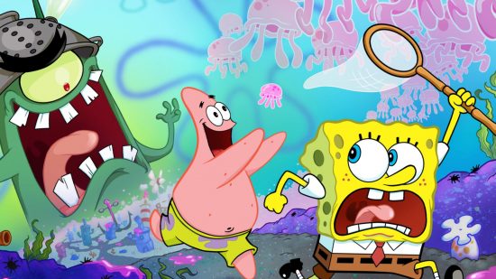 Spongebob Adventures pre-registration header showing Spongebob, a yellow cube sponge with a net to catch pink jellyfish above him, screaming. Then Patrick, a humanoid pink starfish, running with a giddy look on his face, arms outstretched towards these jellyfish. Looming large in the sky is Plankton, a green cylinder with one eye and large toothy mouth wide open in a cackle. They are all underwater, because that's where they live.