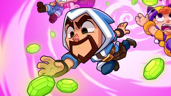 Squad Busters preview: A chibi Squad Busters character with a goatee wearing a thief/rogue outfit reaching for a green gem on a pink, swirling background