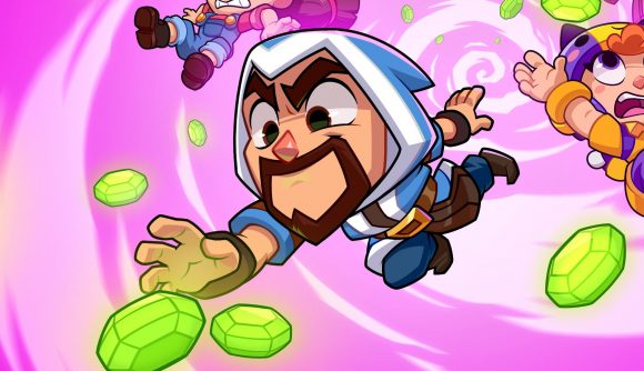 Squad Busters preview: A chibi Squad Busters character with a goatee wearing a thief/rogue outfit reaching for a green gem on a pink, swirling background