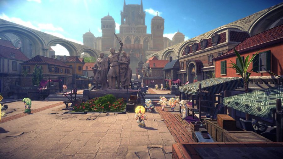 Star Ocean The Second Story R hero showing a screenshot from the game in a town square with various shops and buildings with a statue in the middle of the square.