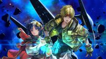 Star Ocean The Second Story R release date header showing two anime characters floating in space. On the right is a man in a green jacket with floppy middle-parted blond hair. On the left is a woman with pointy ears in a white jacked and long blue hair.