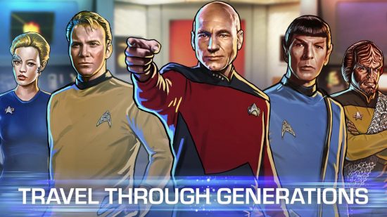 Star Trek games: A screenshot showing various iconic Star Trek characters like Picard and Spock in a painterly style