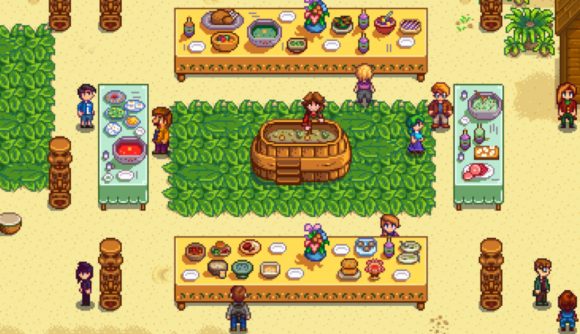 Screenshot of the Stardew Valley luau pot luck for Stardew Valley Apple Arcade July line-up news