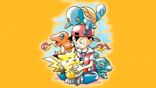 Starter Pokemon: restored Ken Sugimori art shows a trainer surrounded by Charmander, Bulbasaur, Squirtle, and Pikachu