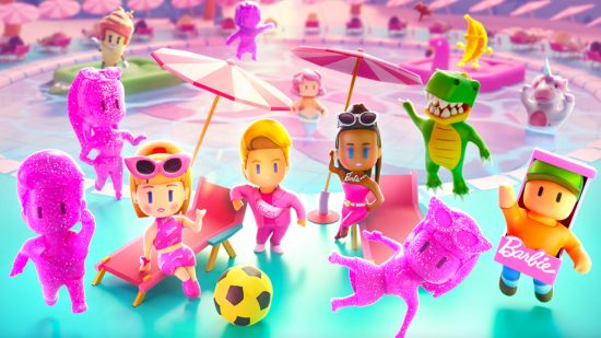 key art for the Stumble Guys Barbie crossover with different Barbie characters sat by the pool