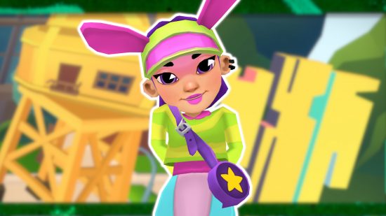 Subway Surfers download: Bonnie in her Harajuku outfit, outlined in white and pasted on a blurred background of elements of the Buenos Aires map