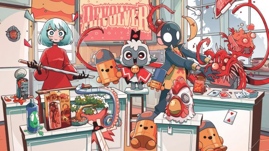 Summer Games Fest 2023 - Devolver Obra de arte digital que muestra personajes de dibujos animados cariosos en una escena rodeada de accesorios y juguetes.