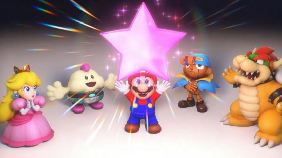 Screenshot from the Super Mario RPG release date trailer with Mario and the gang staring up at a star