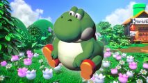 Screenshot of the chonky Super Mario RPG Yoshi sat in a field full of flowers