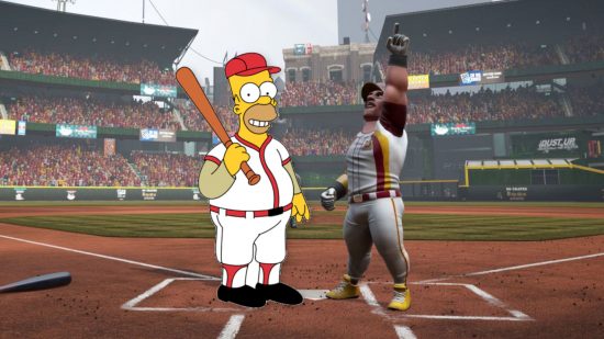 Custom image with Homer Simpson and a baseball player for article on making The Simpsons 'Homer at the Bat' team in Super Mega Baseball 4