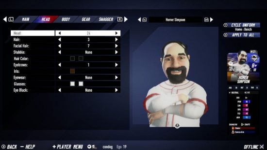 A Super Mega Baseball 4 version of Homer, complete with facial hair and balding head