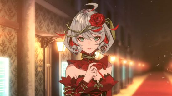 Screenshot of one of the musical characters with a rose in her hair for takt op. Symphony codes guide