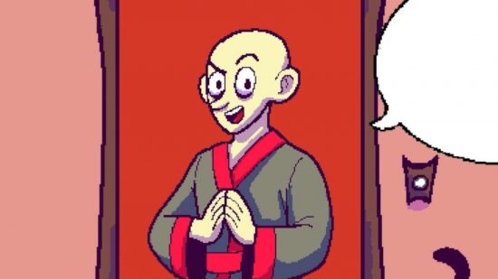 Talk to Strangers Switch release date: A screenshot from Talk to Strangers showing pixel art of a bald white man with one eyebrow raised wearing a black and red robe standing in front of a red front door on a pale red house.
