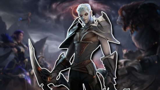 Tarisland closed beta: The Shadow Swordsman class character outlined in white and pasted on a blurred piece of Tarisland key art