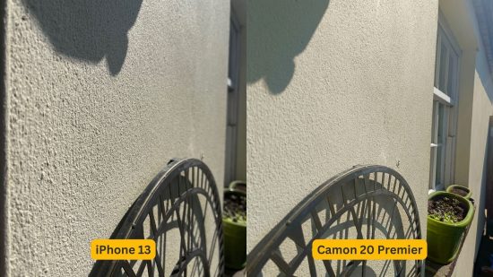 Tecno Camon 20 Premier review - two photos side by side of the same thing but on different phones, left iPhone 13, right is Camon 20 Premier. In this shot is a metal circular thing against a textured white wall.