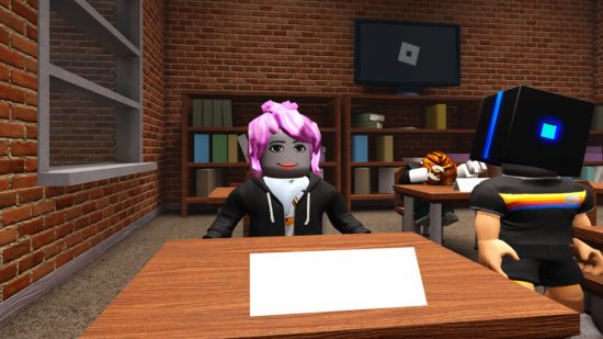 the Presentation Experience codes: A roblox character sitting at a desk in school