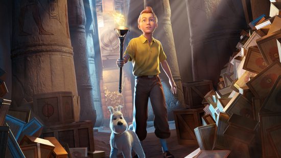 Key art for Tintin Reporter Cigars of the Pharaoh release date news with Tintin and Snowy exploring a temple