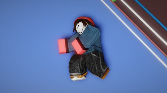 Untitled Boxing Game codes: A screenshot of Daz's Roblox avatar, wearing a red beanie over long brown hair and a navy jumper, lying on a blue floor of a boxing ring, slumped over