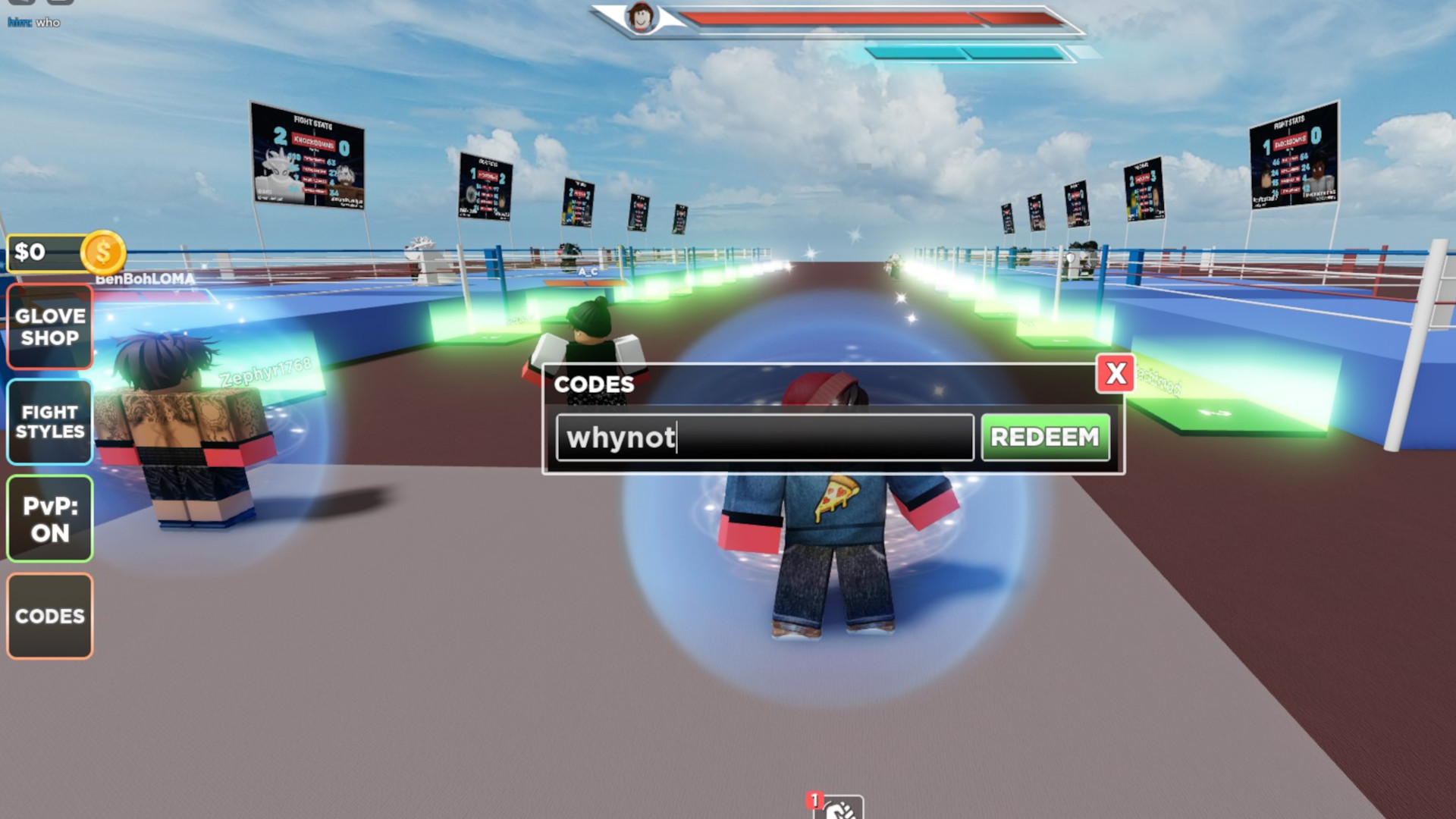 A Roblox character redeeming an Untitled Boxing Games code in-game