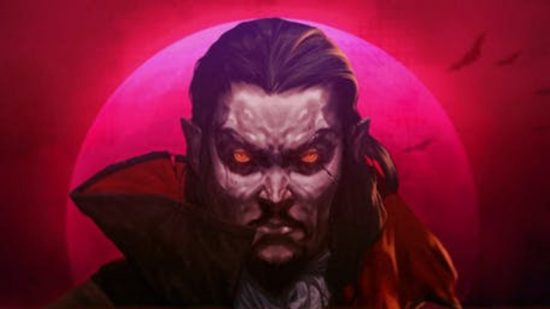 Vampire Survivors update header showing a Dracula-like vampire on a red background with a red glowing moon framing their head.
