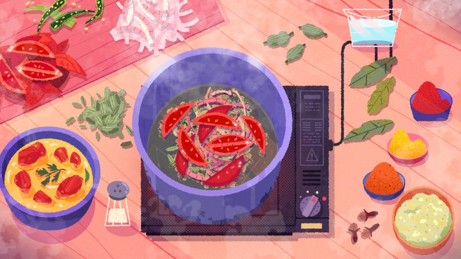 Venba hero image showing a cooking pot with tomatoes inside and a range of sliced ingredients around the outside