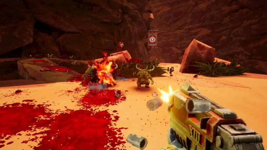 Warhammer 40,000: Boltgun review: a first-person view shows a space marine unloading rounds into crowds of demons
