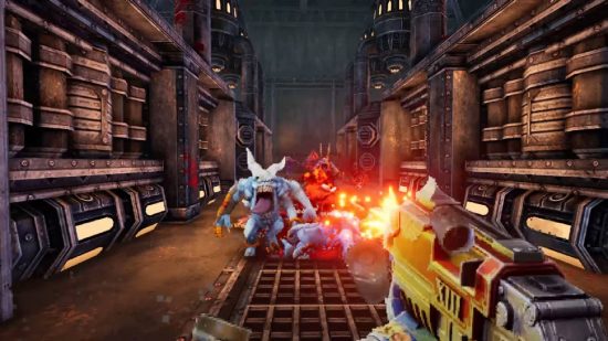 Warhammer 40,000: Boltgun review: a first-person view shows a space marine unloading rounds into crowds of demons 