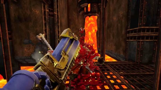 Warhammer 40,000: Boltgun review: a first-person view shows a space marine using a chainsword to cut a demon in half