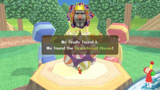 We Love Katamari Reroll + Royal Reverie review: The King introducing the Gingerbread House level with Hansel and Gretel.