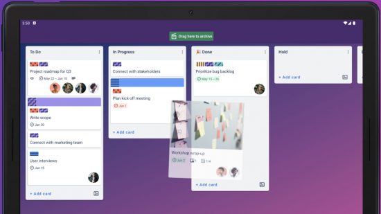what is Trello: A board with different projects, labels, and columns on a tablet screen