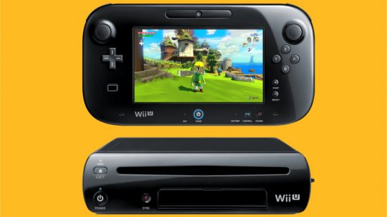 Wii U games - the Wii U in front of a yellow background with Wind Waker playing