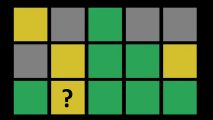 Wordle today - Green, yellow, and grey squares against a black background. One of the yellow squares has a question mark in it