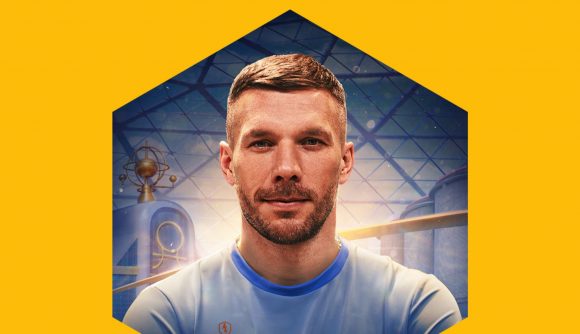 World of Tanks Blitz Lukas Podolski image showing the footballer in a hexagon on a mango yellow background. He has short light hair and a short beard, wearing a blue football shirt. Football means soccer here.