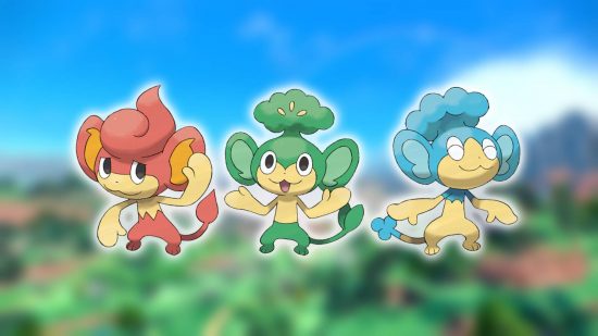 Peor Pokémon: los tres monos Pokémon Panpour, Pansage y Pansear se muestran contra un fondo borroso