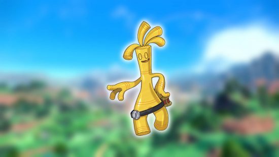 Worst Pokemon: The golden Pokemon GHoldengo is shown against a blurred background