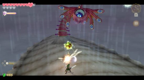 Zelda bosses: Link slashes at attacks towards the Bilocyte