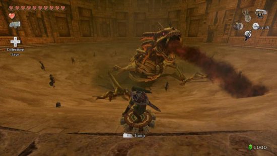 Zelda bosses: Link travels on a spinner to attack the Stallord
