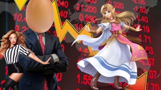 Zelda economy header showing Zelda, a princess with long yellow hair and white and pink ornate dress, swirling around in front of a chart with an arrow tumbling down like the stock exchange on a bad day, next to a man in a suit with a red tie except he's got an egg for a head, and below him in front is Beyonce, a pop star wearing an American football referee costume holding an American football strutting out of frame with one hand outstretched as if she's refusing to partake in the rest of the image.