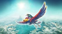 Zelda: Tears of the Kingdom DLC: Link flies through the sky on the back of a Loftwing