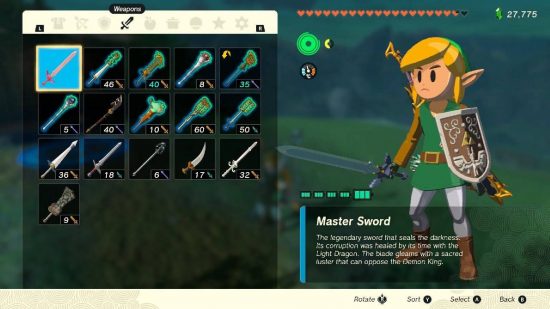 Zelda: Tears of the Kingdom master sword: a menu shows Link wielding the master sword
