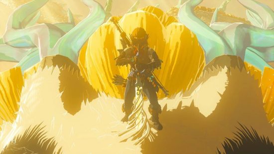 Zelda: Tears of the Kingdom master sword: Link pulls the master sword out of the dragon of light