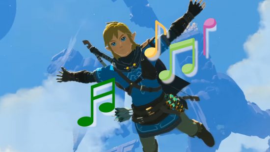 Custom screenshot of Link surrounded by musical notes for Zelda: Tears of the Kingdom music news