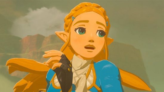 Zelda: Tears of the Kingdom speedrun - Zelda, a woman with braided blonde hair and pointy elf ears in a blue formal outfit and black fingerless gloves, looking a little shocked.