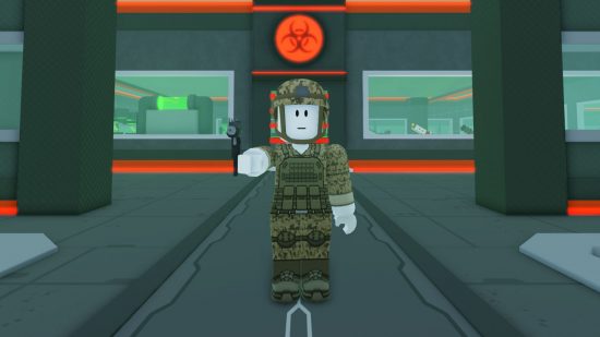 Zombie Wars Tycoon codes - a Robox character in camo clothes and an UZI, standing in front of a factory